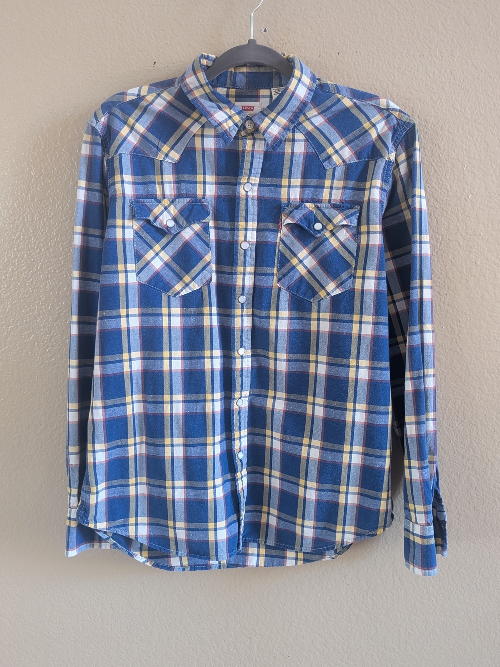 Levi's Mens Western Shirt Pearl Snap Plaid Blue Yellow White Yoke Large L 66986
